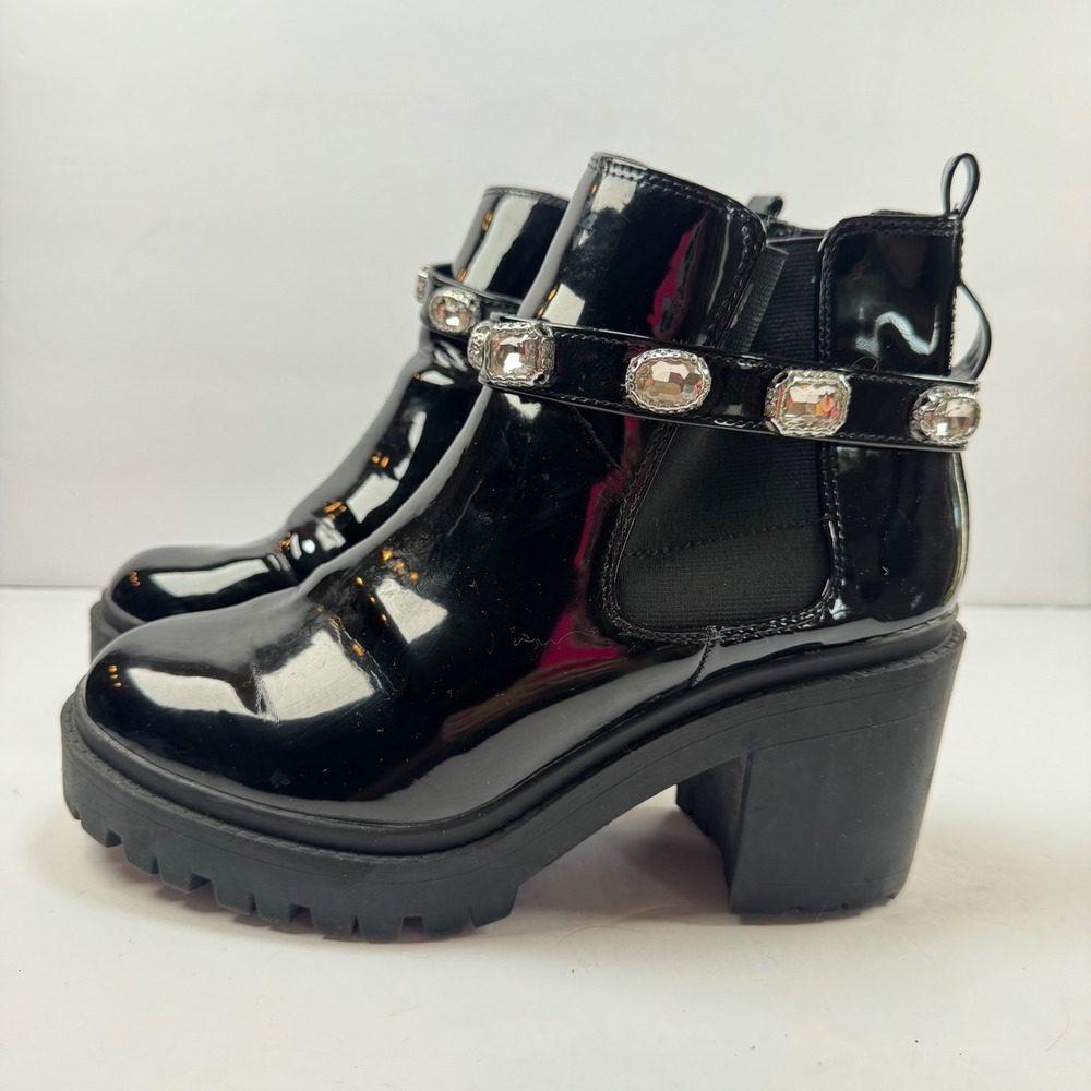 Torrid Black Patent Removable Rhinestone Strap Lug Sole Chelsea Boots 9WW - Picture 1 of 10